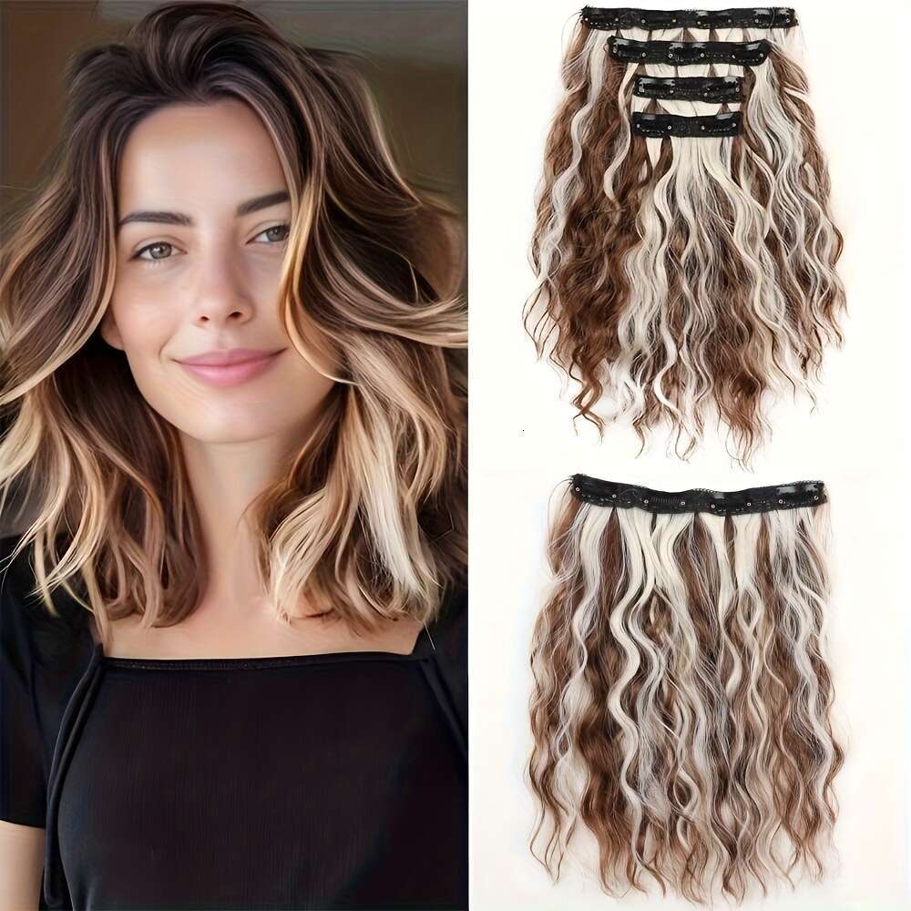 4Pcs Long Curly Waves 36Cm/14" Voluminous Black Wavy Texture Layered Ends, Natural Soft Extensions Women Heat Styling Friendly, Secure Clip-In Sy