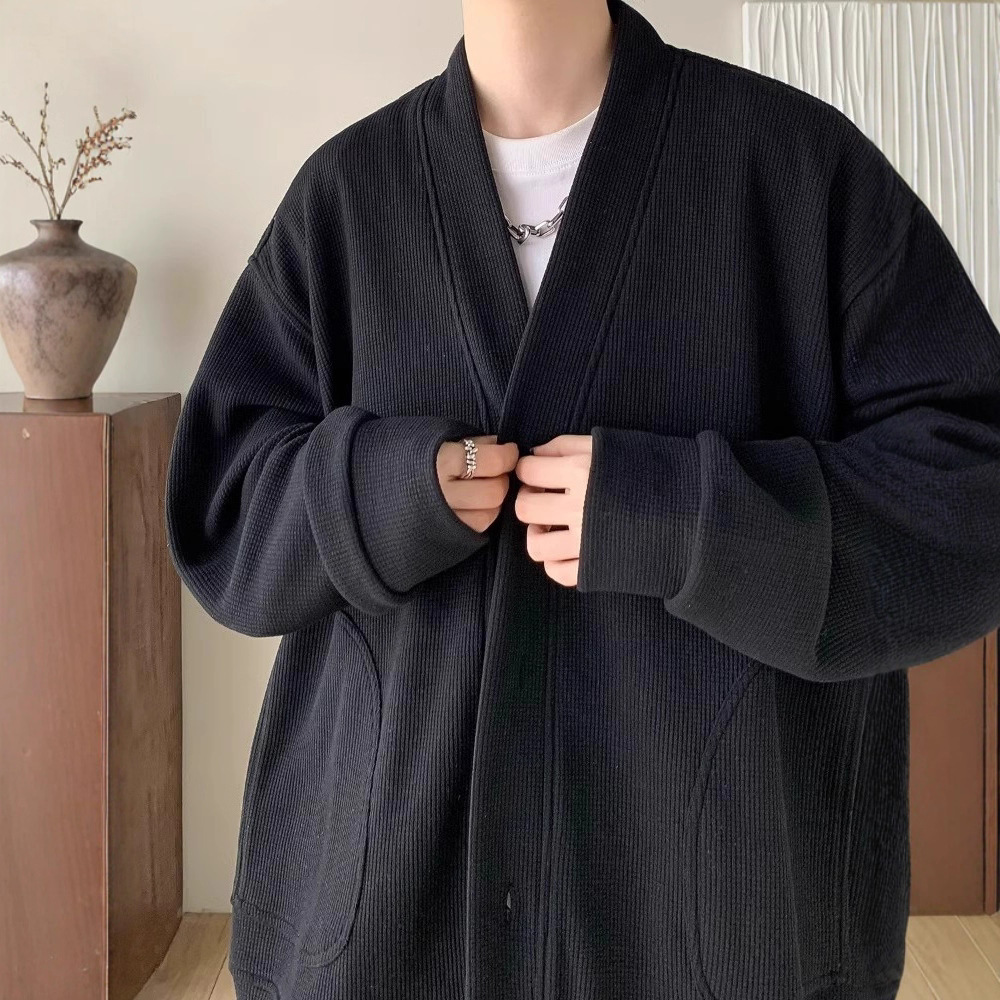 V-neck Waffle Jacket Lazy Style Spring And Autumn Handsome Men's Suit High-end Casual Designer Sweater Jacket For Men