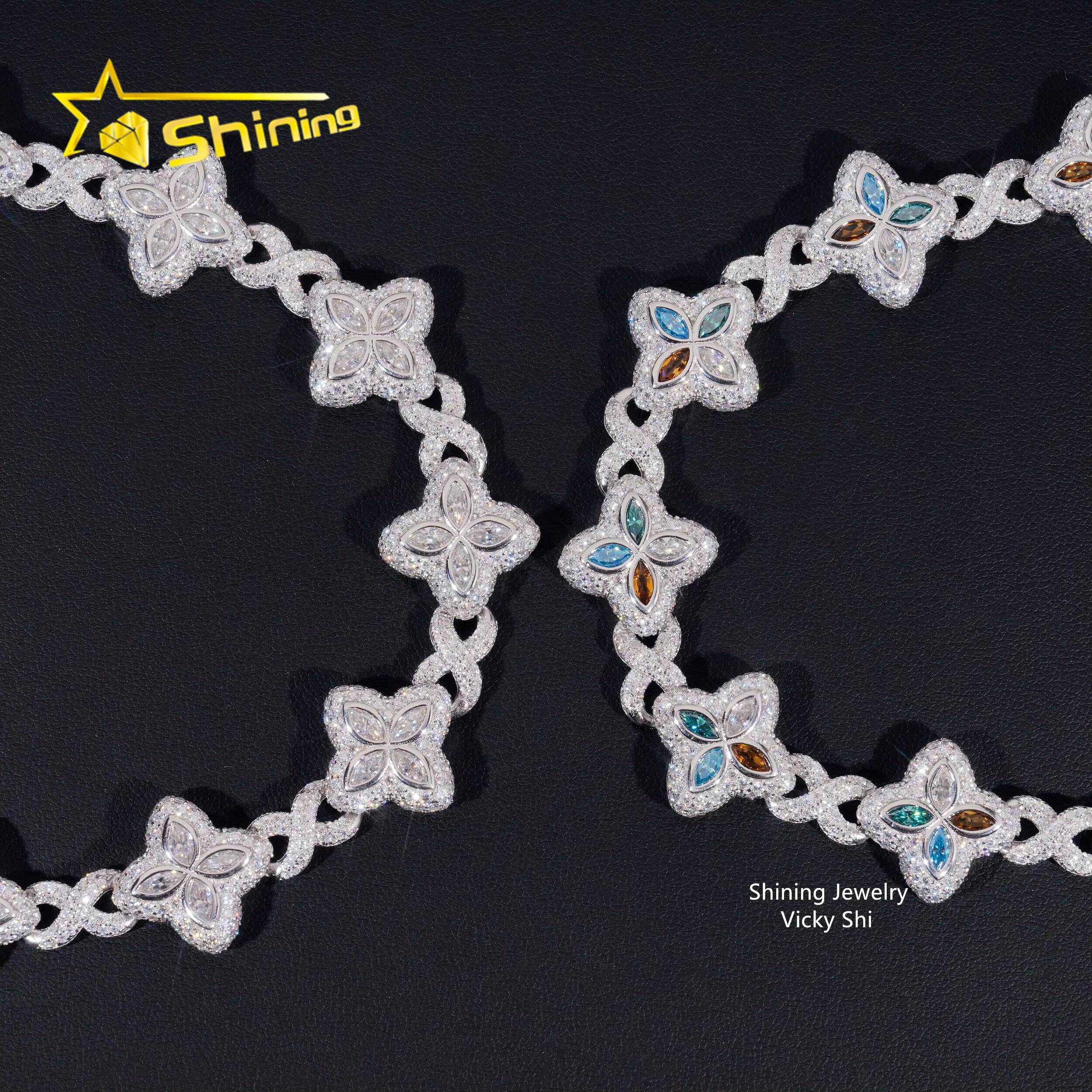 Rapper Hip Hop Jewelry Iced Out Moissanite Necklace 925 Silver Colored Four Leaf Clover VVS Moissanite Cuban Link Chain