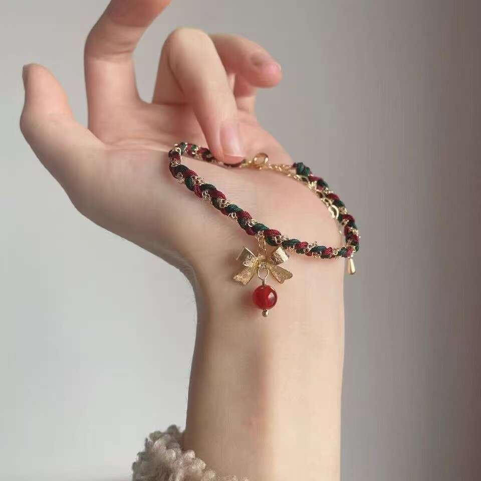 New Chinese Style Christmas Atmosphere Bowknot Woven Bracelet Ethnic Tibetan Necklace Set Trendy Hand Accessories