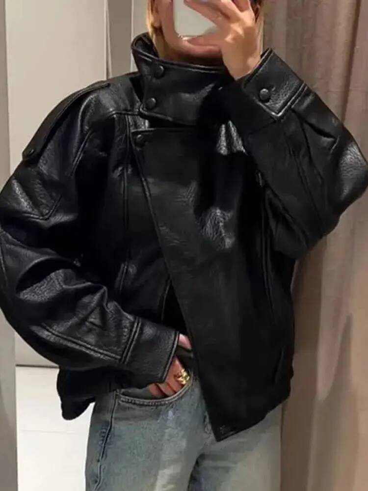 winter jacket women Women's Faux Leather Jacket Stand Collar Long Sleeves Loose Zipper Coats Lady Autumn High Street Woman Outerwear