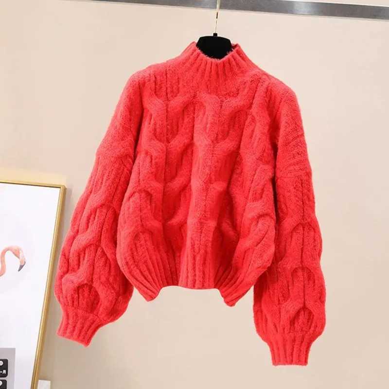 Korean Sweet Lantern Sleeve Oneck Sweater Womens Autumn Winter New Casual Loose Thick Twisted Knit Pullover Elegant KnitwearT251027