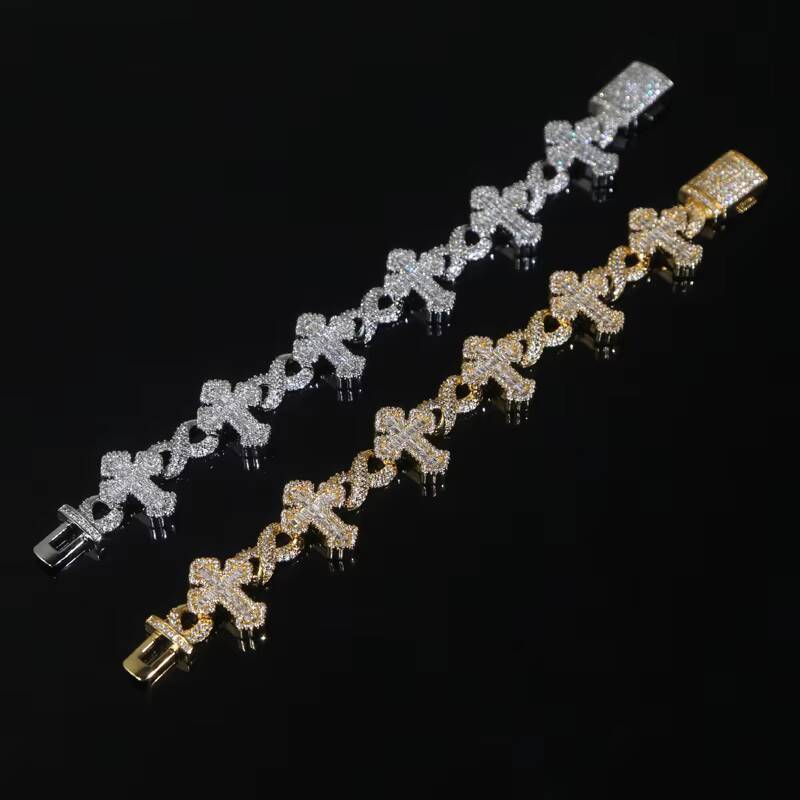 New Fashion Women Men Cross Number 8 Full Bling Paved Hip Hop Bracelet TwoStone Setting Cuban Chain Jewelry