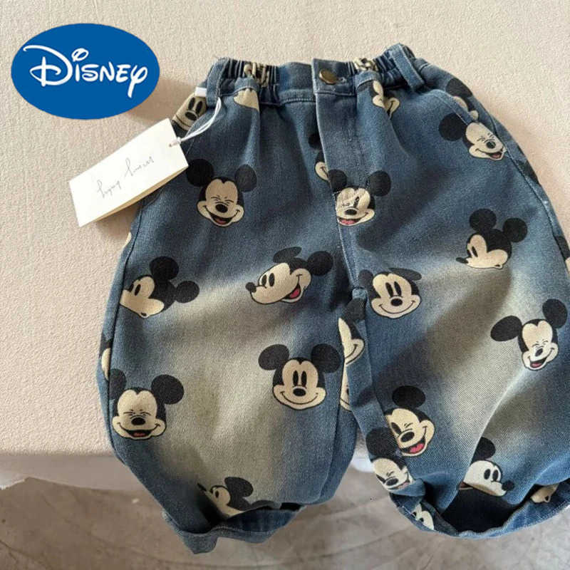 Disney Baby Boy Girl Jeans 2025 Spring Autumn Children Cartoon Mickey Mouse Full Print Denim Pants Fashion Kid Casual Straight Trousers H251027