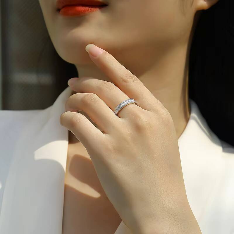 Factory Professional Jewelry 925 Sterling Silver Round Style Emerald Cut Moissanite White Gold Plated Half Eternity Band Rings