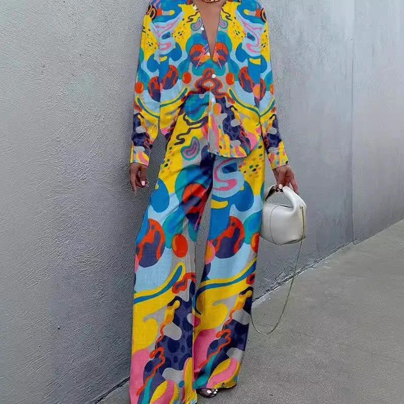 Womens Single Breasted Lapel Short Sleeve Top And Wide Leg Trousers Set Print Shirt Pants Suit Outfits 2 Pcs Sets 251013