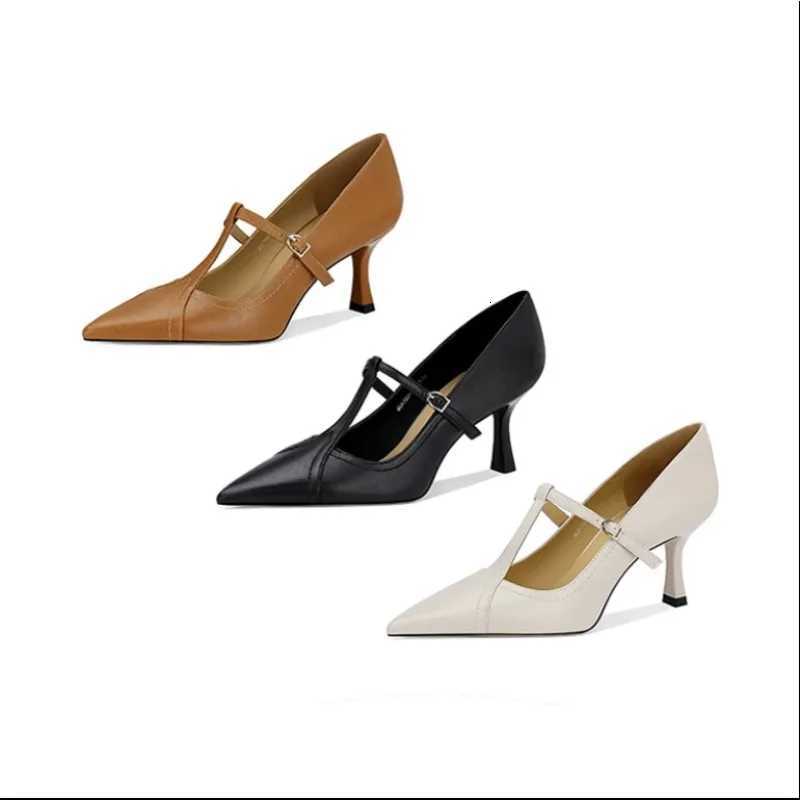 2025 Genuine Leather Office Ladies Pumps Pointed Toe Tstrap Thin High Heels Janes Leather Shoes For Women DressXJ251027