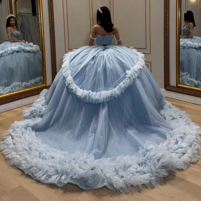 Sky Blue Shiny Quinceanera Dresses Off The Shoulder Beading Crystal Tiered Tull Party Birthday Sweet 16 Dress Vestidos 15 De Anos