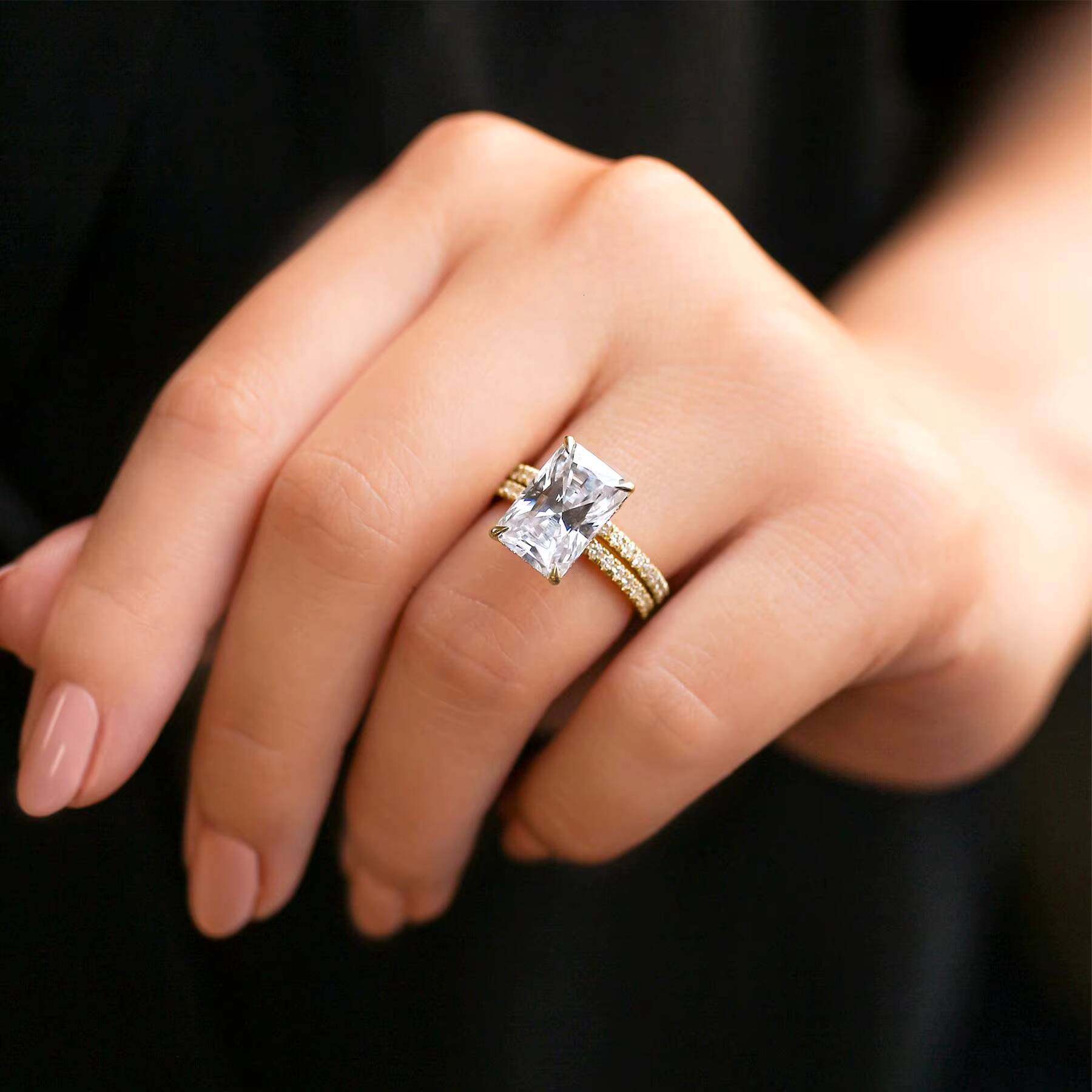 Luster Custom Hidden Halo 9k10k14k18k Gold Moissanite Band 45ct Radiant Cut Moissanite Wedding Ring Sets for Women