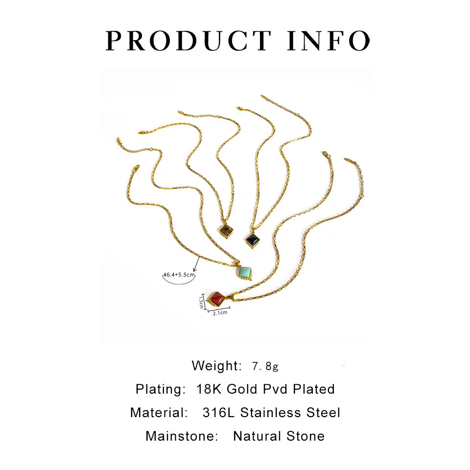 Perisbox Simple High Quality Square Natural Stone Pendant Necklace for Women Stainless steel Clavicle Chain Fashion Accessories 251023