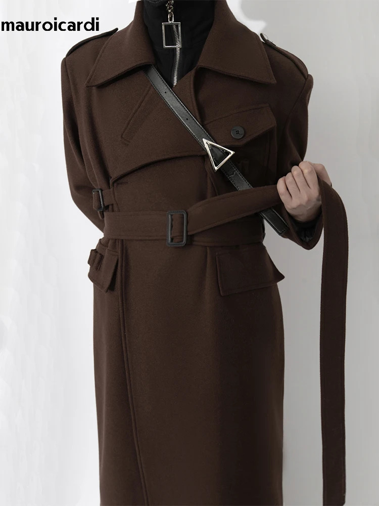 Mauroicardi Autumn Winter Cool Elegant Long Warm Black Woolen Trench Coat Men Belt Clothes Wool Blends Overcoat 251020