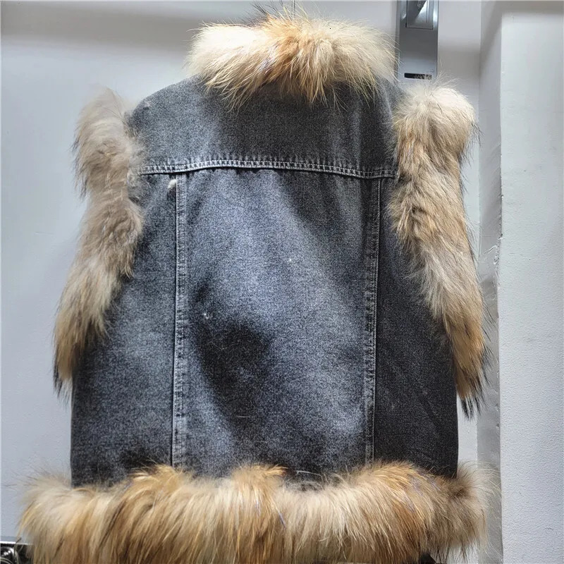 ANJY 2025 Autumn Winter Women European Fashionable Denim Patchwork Fur Jacket Vest Trendy Street Sleeveless Waistcoat A13523 251024