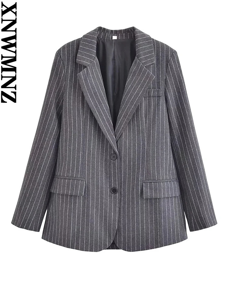 XNWMNZ Womens Fashion Pinstripe Blended Blazer or Box Pleated High Waist Mini Skirt High Street Female Two Piece Set 251023