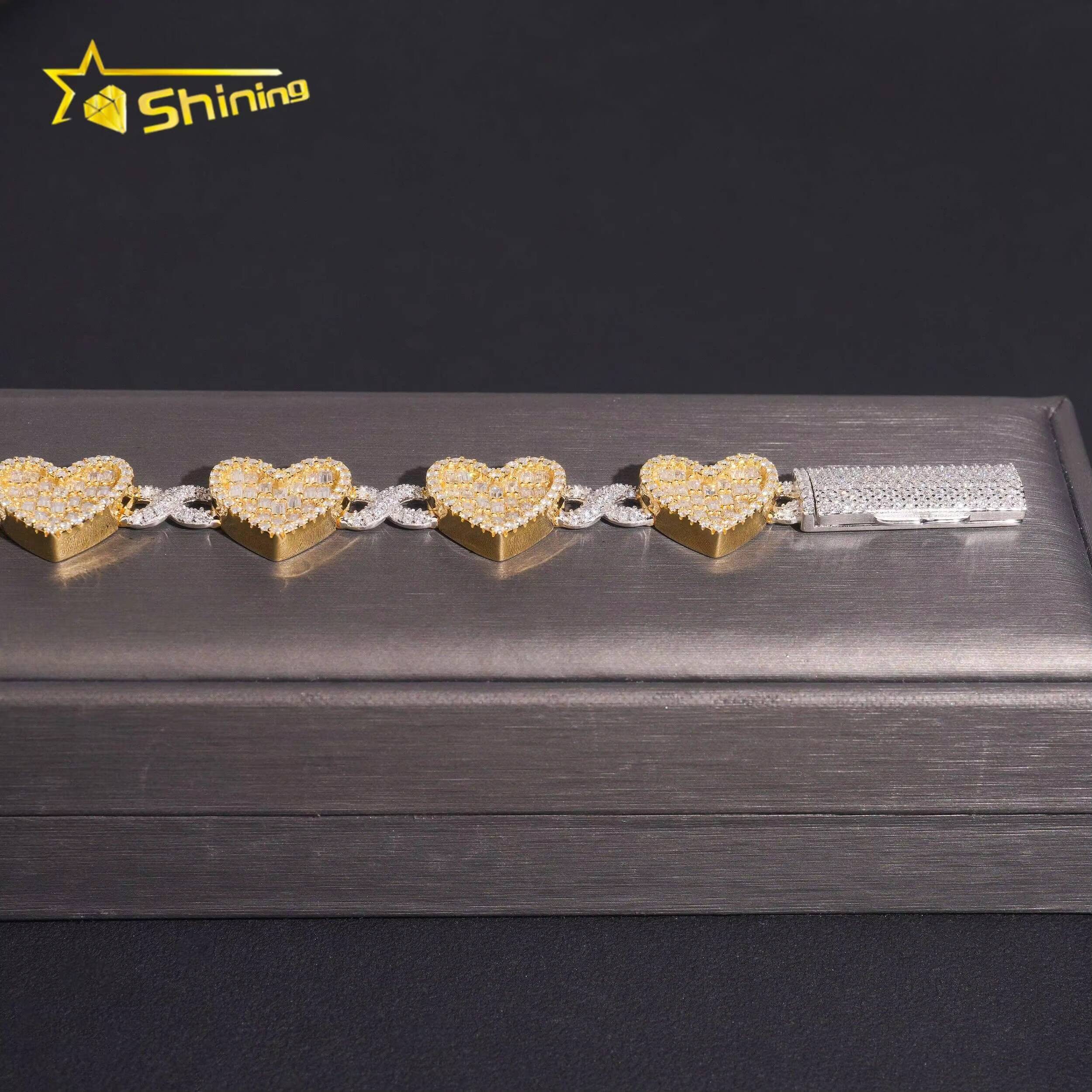 Bling Jewelry 925 Silver Hip Hop Two Tone 14mm Heart Iced Out GRA Certified Moissanite Bracelet