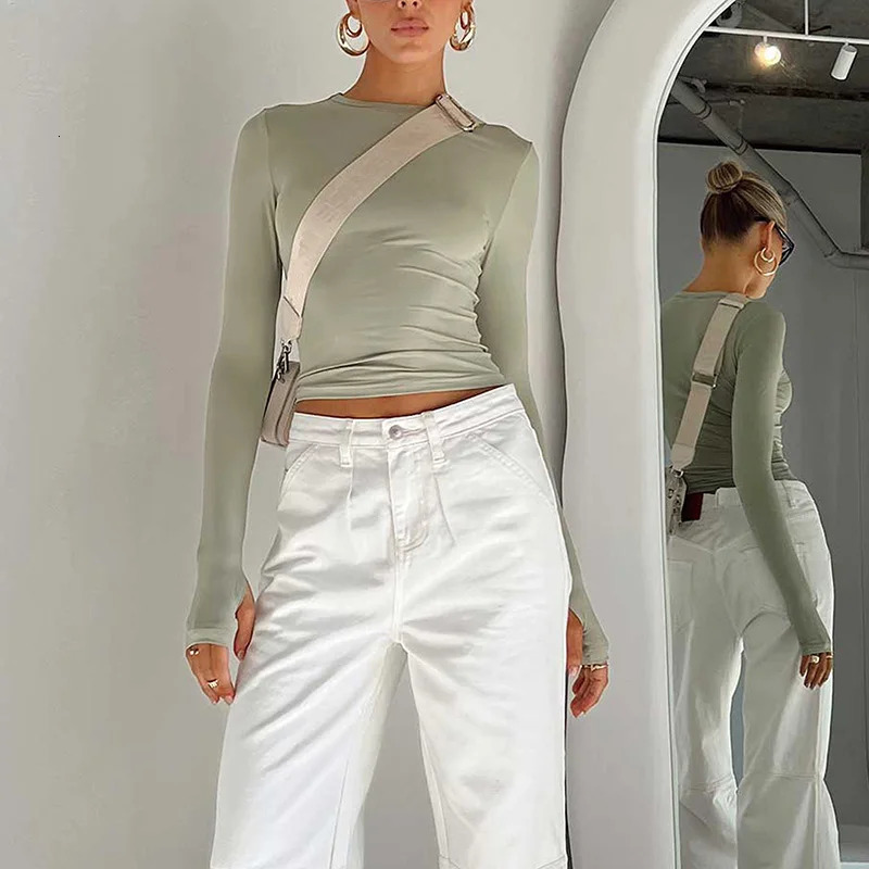 Fashion Women Tshirt Long Sleeve Crew Neck Solid Slim Fit Ladies Crop Top with Thumb Holes for Daily Streetwear Summer Camis 251027