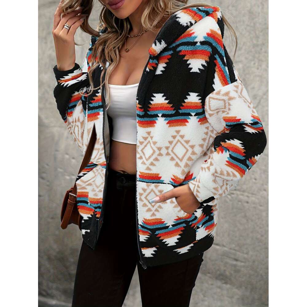 SPECHIR Women's Elegant Geometric Print Hooded Jacket - Hine Washable Zipper Front Casual Coat For Fall/Winter, Black/White/Orange/Teal/Gray, Mid