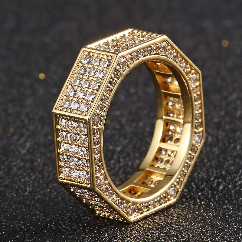 Hip Hop Micro Paved Cubic Zirconia Bling Ice Out Geometric Octagon Finger Rings for Men Rapper Jewelry Gold Silver Color 251023
