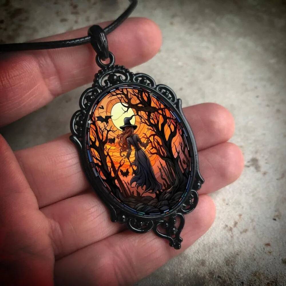 Retro Gothic Black Oval Relief Lacework Bat Witch Pendant Leather Rope Necklace for Women Punk Hallowmas Jewelry Accessory Gifts