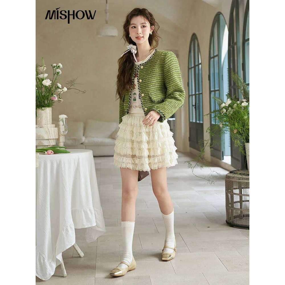 French Small Fragrant Short Jacket for Women Autumn Round Neck Coarse Tweed Woven Tape Splicing Green Top MXD14W0363