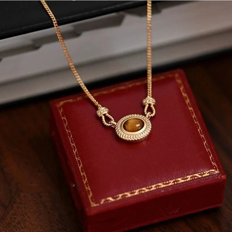 Exquisite Oval Tiger Eye Stone Pendant 18k Gold Plated Spaghetti Chain Women Necklace Daily Wear Jewelry Accessories 251023