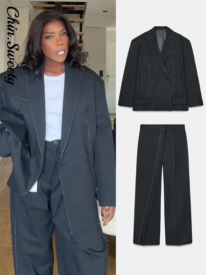 Casual Loose Womens Blazer Pant Suits Lapel DoubeBreasted Top Straight Pants Lady Set 2025 Autumn 2 Pieces Set Women 251013