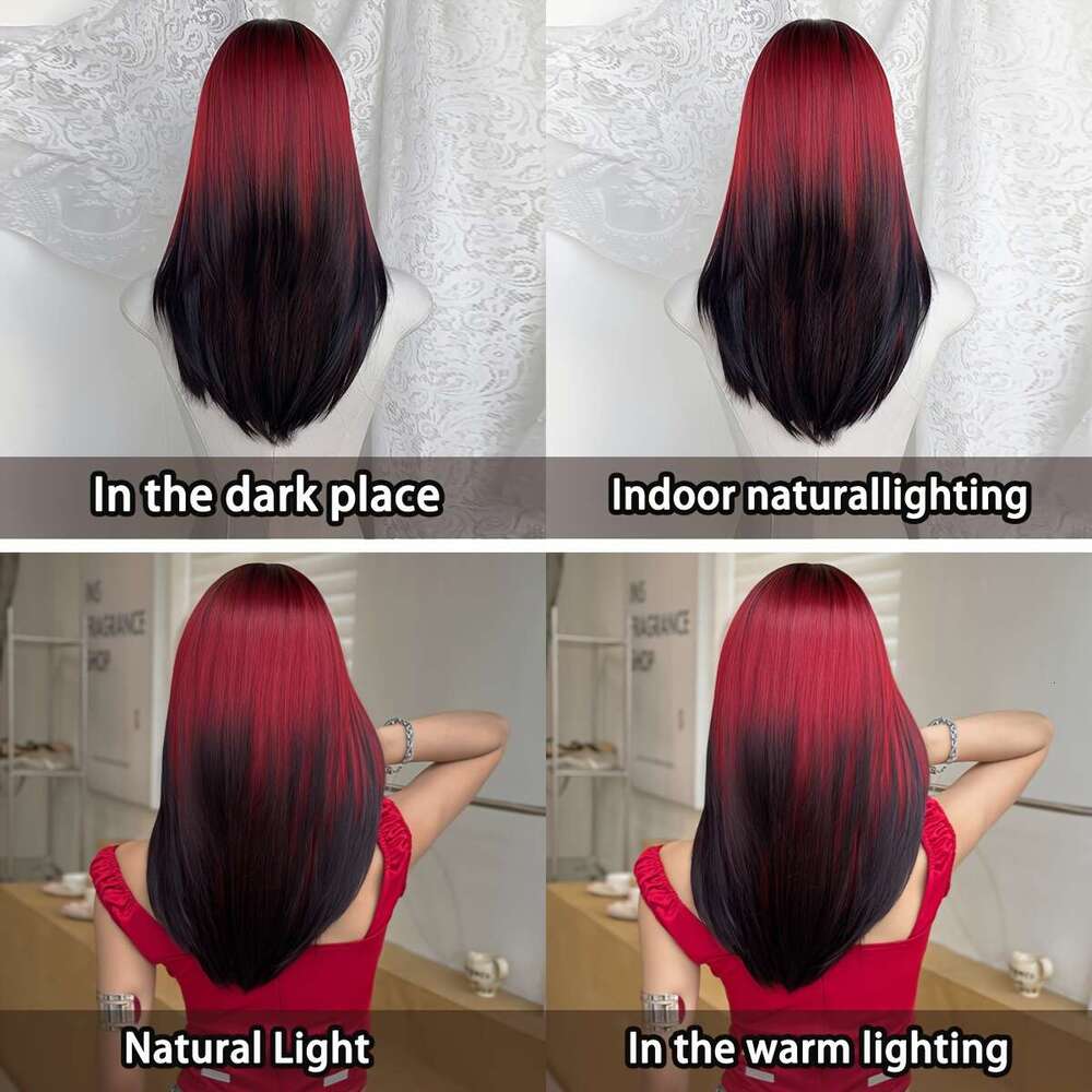 NAMM Women's Long Straight Dark Roots Synthetic Fiber Wig With Bangs Ends Brown Base, Comfortable Rose Net Cap, Pre-Styled Loose Layered Cosplay,