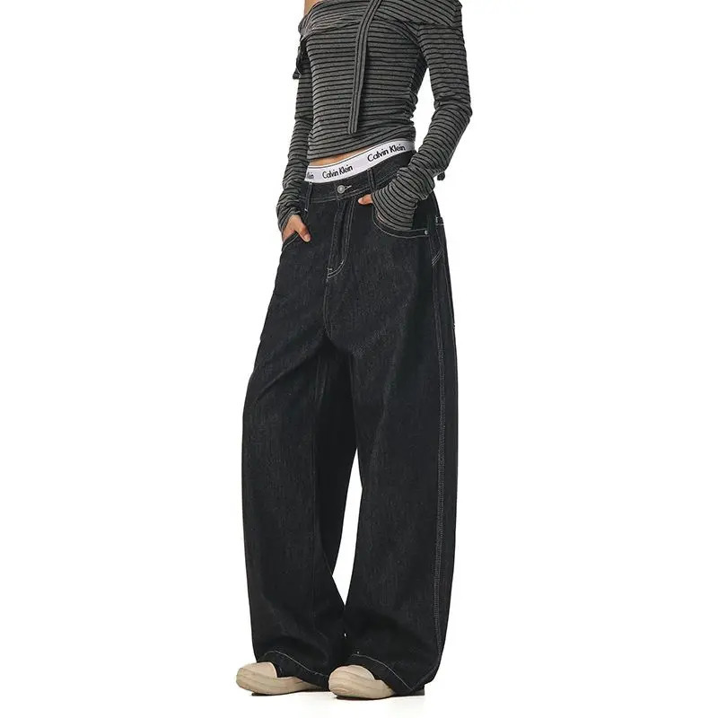 Chic Autumn Winter Vintage High Waist Embroidery n Versatile Cargo Jeans Straight Wide Leg Biker Pants Womens Y2k Clothing 251027