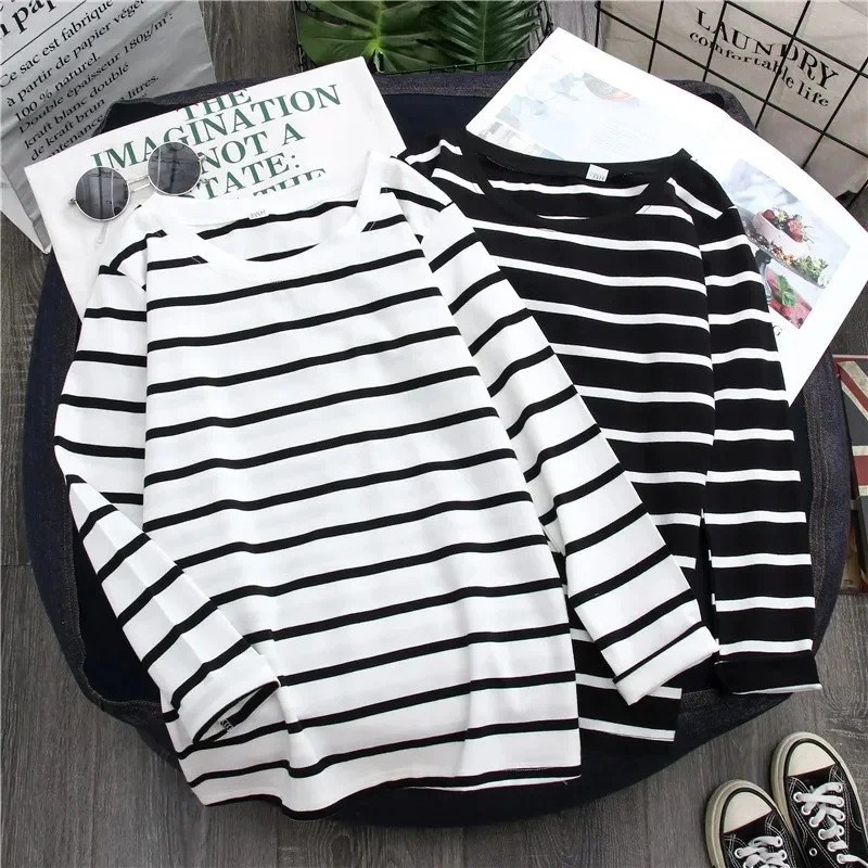 1PC Spring and Autumn Winter Black Striped Top with Foreign Style Ins Bottom Shirt Women Long Sleeve Tshirt 251027
