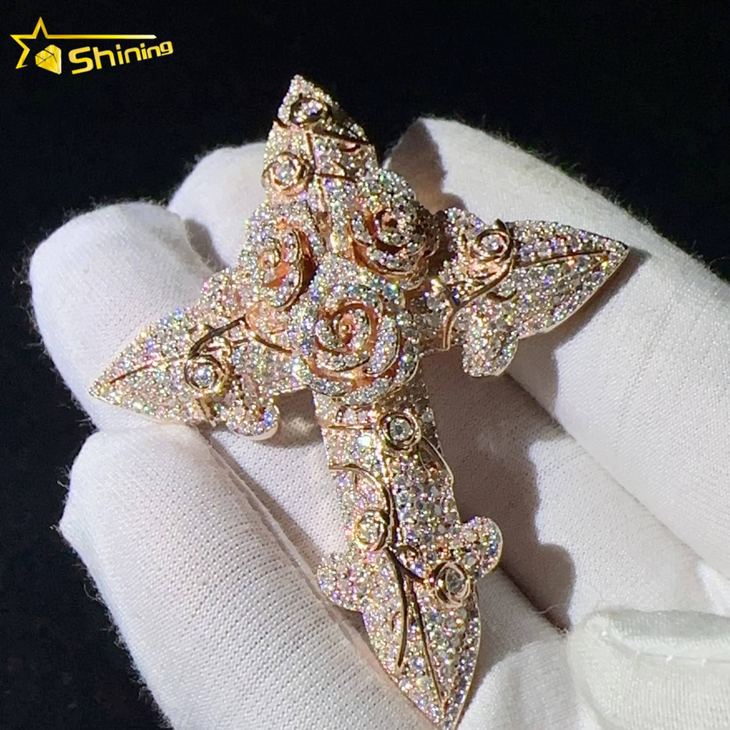 Sterling Silver 925 Custom Pendants Vvs Moissanite Lab Diamond Hip Hop Iced Out Flower Rose Gold Cross Pendant