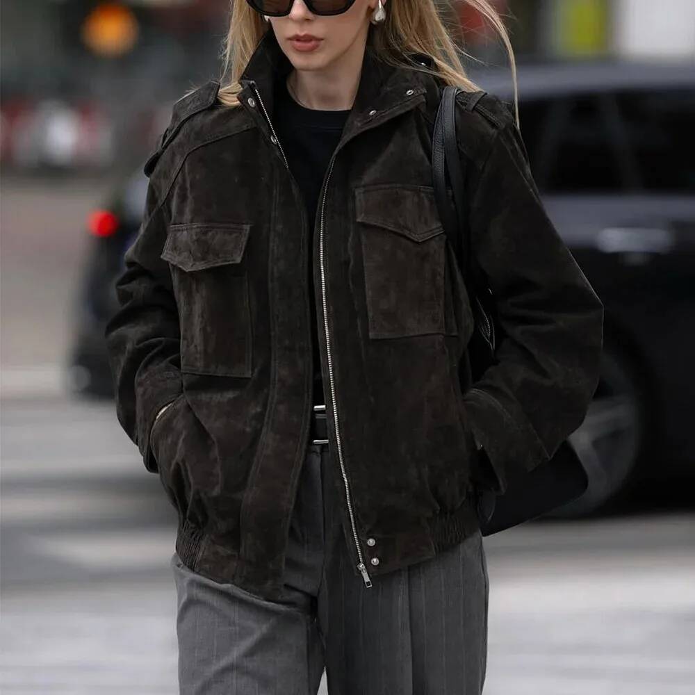 winter jacket women KONDALA Chic Suede Bomber Jackets Women Long Sleeve Pocket Straight Loose Coat Fashion 2025 Fall Winter Streetwear Outwear