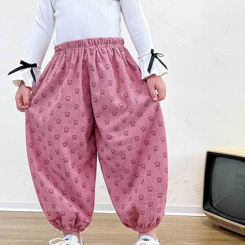 Korean Childrens Clothes 2025 Corduroy Pants Floral Cartoon Print Boys Girls 18Y Loose Harlan Autumn Casual SweatpantsT251027
