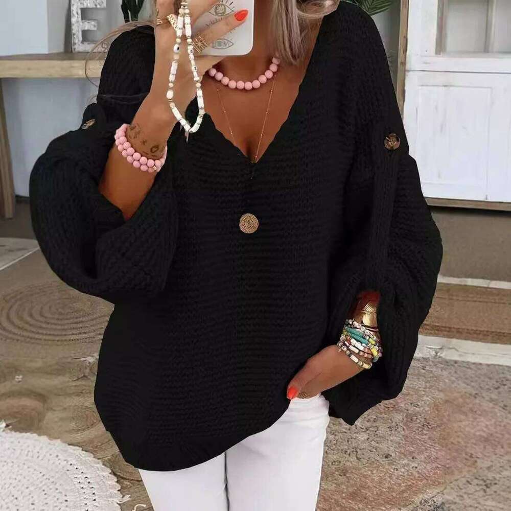 Casual Knitted V Neck Sweater Fall Winter Fashion Button Warm Commuter Jumper Elegant Solid Adjustable Long Sleeve Pullover Women Sweater Designer Swe