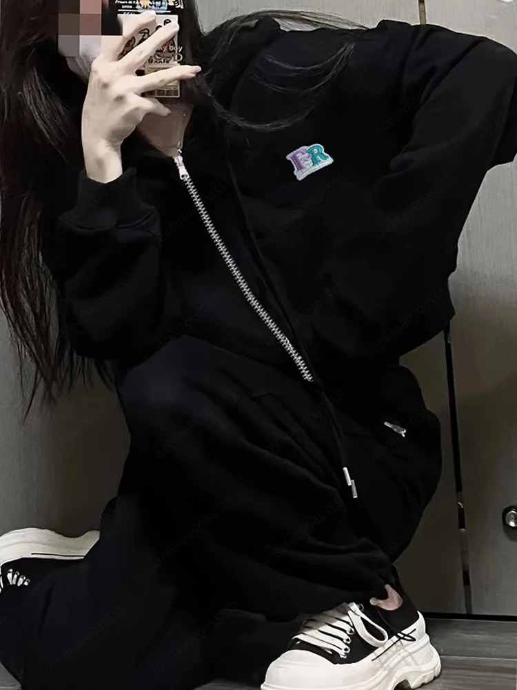 Womens Spring and Autumn LongSleeved Zipper Sweatshirt Set Slimming Student Korean Style Loose Versatile TwoPiece 251027