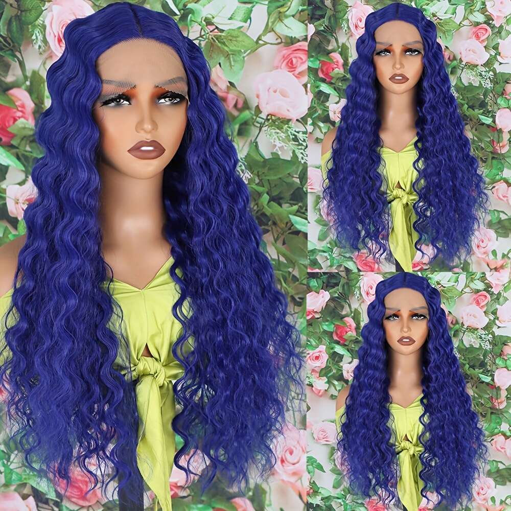 Stunning Dark Blue Loose Curly Front Wig For Women - Pre-Plucked, Glueless, Heat Resistant Synthetic Hair, 180% Density, 13*4*1 Lace Coverage, Versati