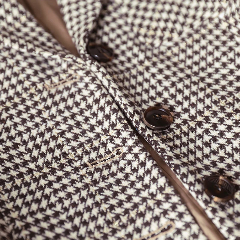 Coffee Plaid Blazer Women Tempeament Wool Long Sleeve Fashion Slim Jacket Office Ladies Work Coat Gray Tops 251027