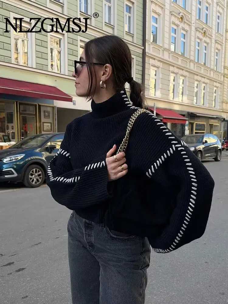 Womens Pullover Knit Top Patchwork Clash Design Turtleneck Sweater Crew Neck Black Basic Commuter Warm WomensT251027