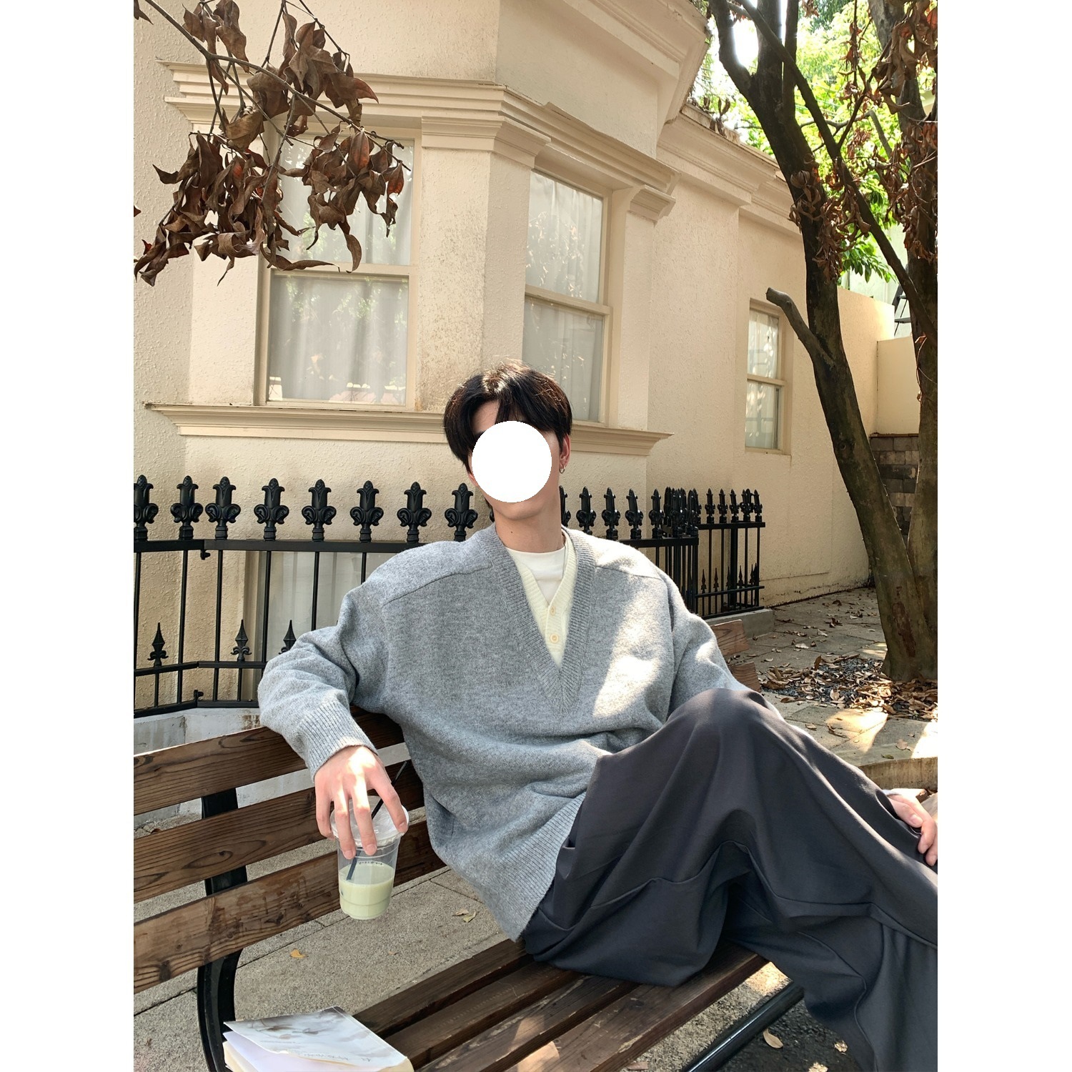 Dark Gray V-neck Fake Two-piece Knitted Designer Sweater Sweater Jacket For Men Autumn Korean Style College Style Lazy Base Sweater