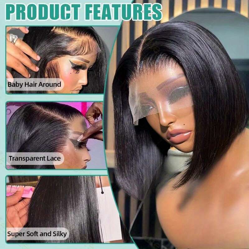 250% Density 13X4 HD Transparent Lace 100% Human Glueless Short Straight Front Pre-Plucked Suitable For All Kinds Of People Fashion Wigs|Volumizing Wi
