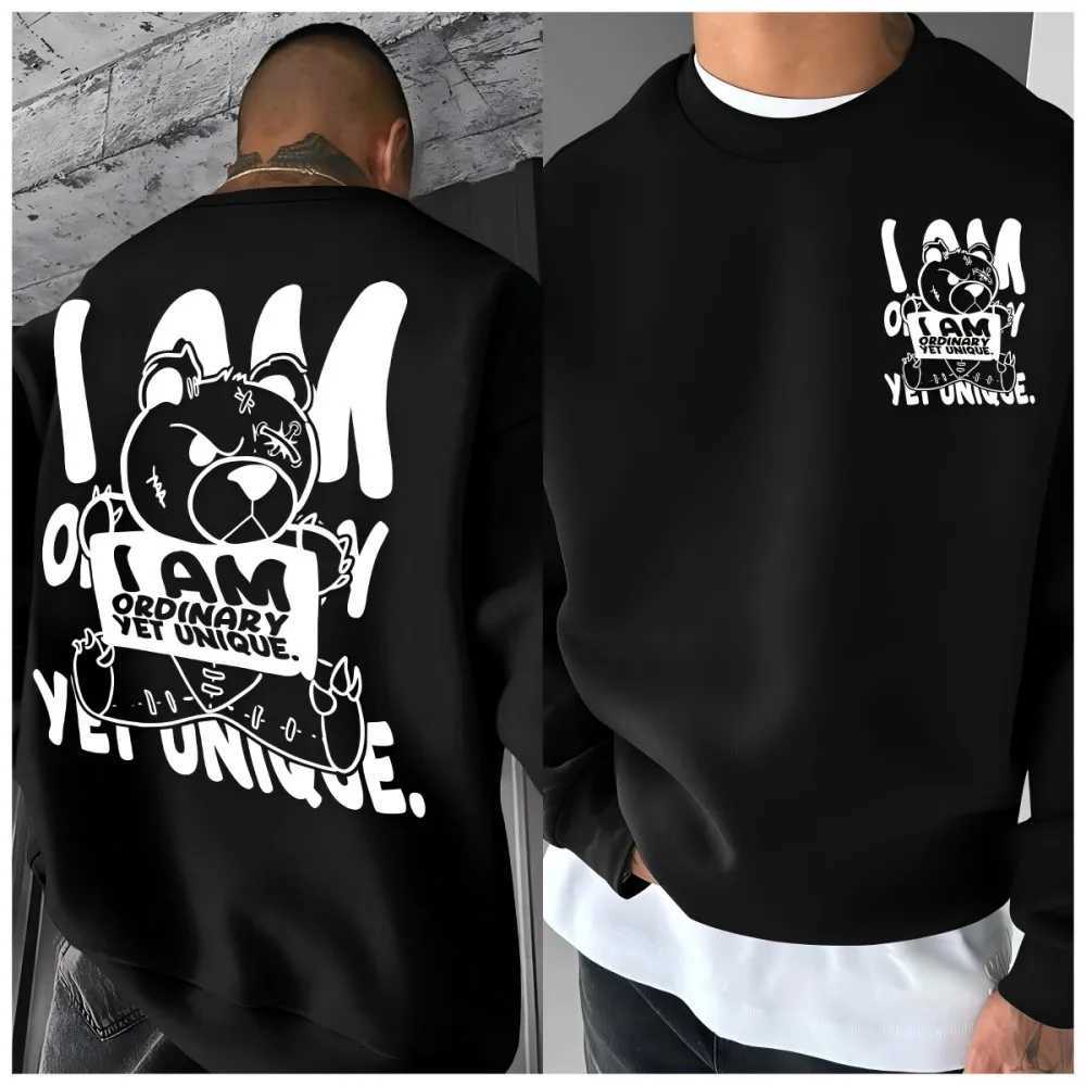 Autumn mens fashionable and personalized teddy bear letter print comfortable soft long sleeved pullover outdoor street top W251027