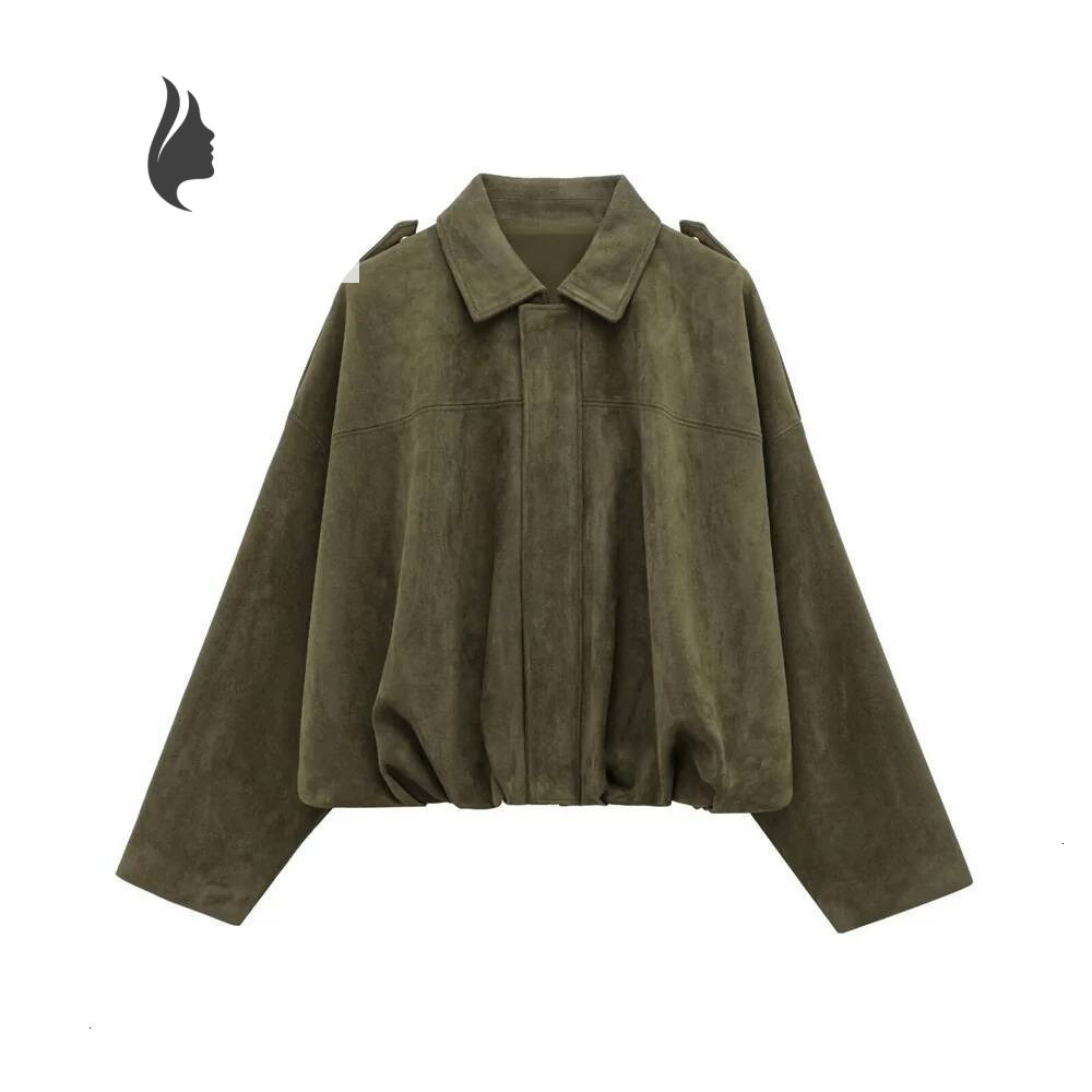 winter jacket women Women Faux Suede Collared Jacket with Shoulder Straps Loose Fit Stylish Olive Green for Sale on