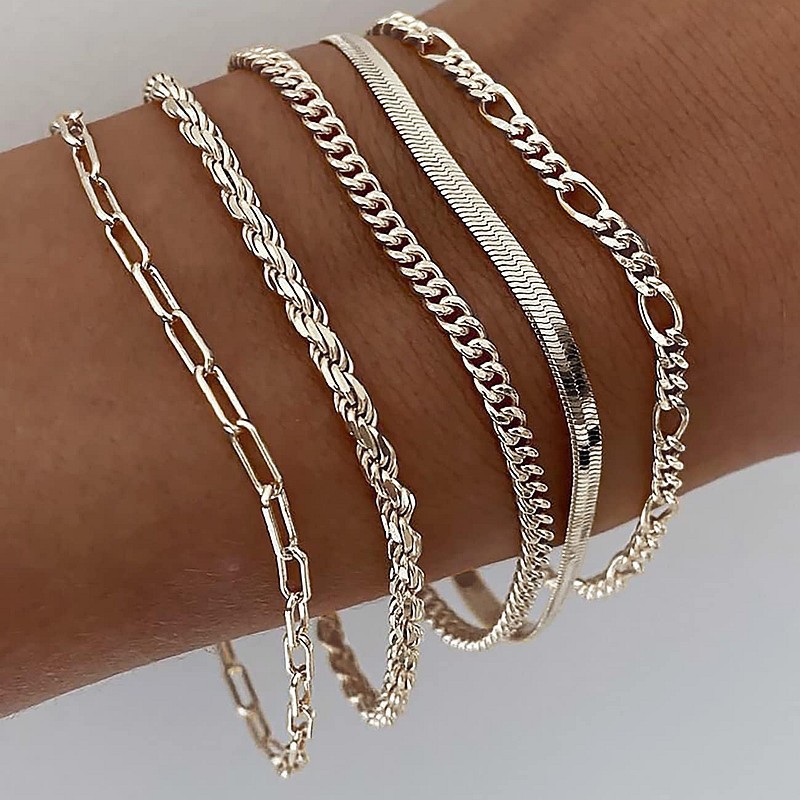 Gold Bracelet Women's Fashion Gold Plated Exquisite Stackable Paper Clip Cuban Chain Set Adjustable Bracelet 5-piece Set Holiday Gift 16+5cm
