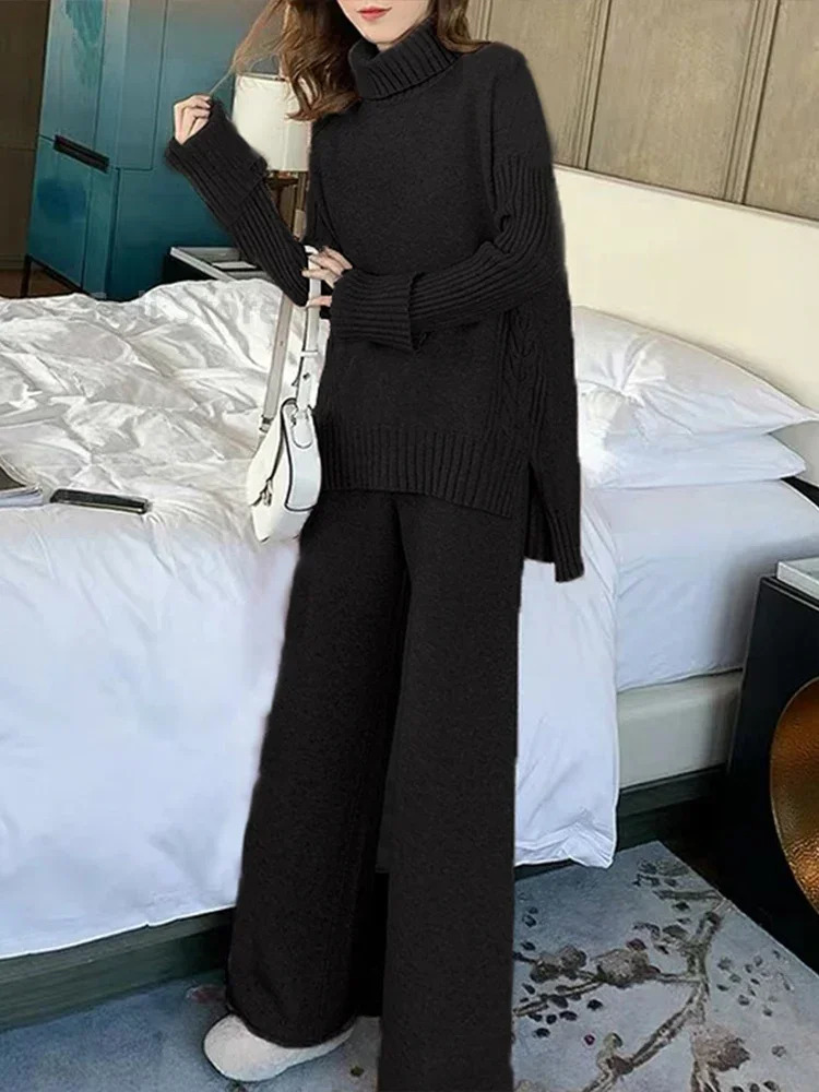 Sweater Set Warm suit for Women Winter Knitted Suits 2 Piece Soild Turtleneck Loose Trousers Office Lady Suit 251027