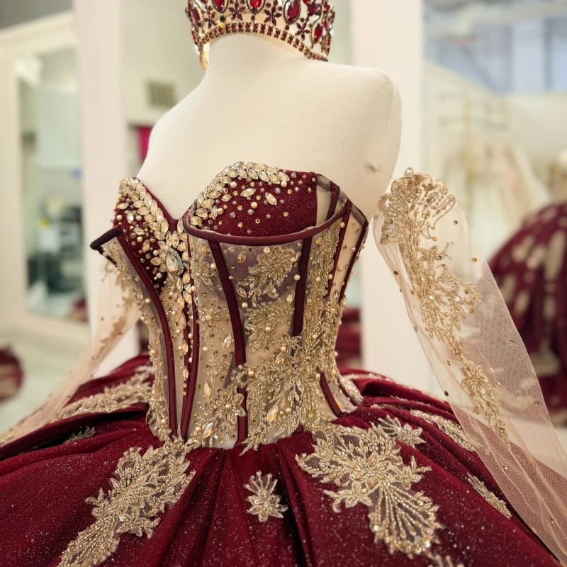 Red Shiny Quinceanera Dresses Off The Shoulder Gold Applique Lace Beading Crystal Corset Tull Party Birthday Sweet 16 Dress Vestidos 15 De anos