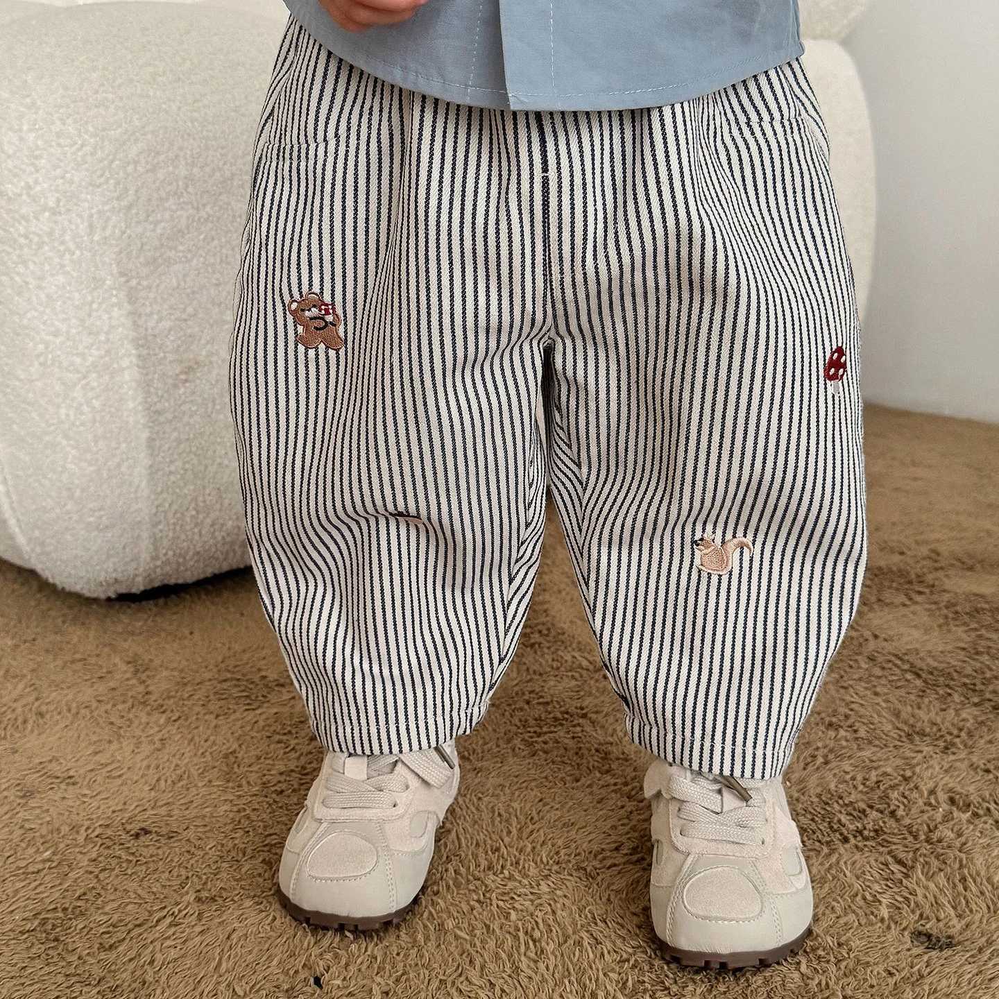 2025 Fall New Toddler Kids Pants Cotton Cartoon Embroidered Harem Pants Baby Boy Casual Striped Denim Baggy TrousersT251027
