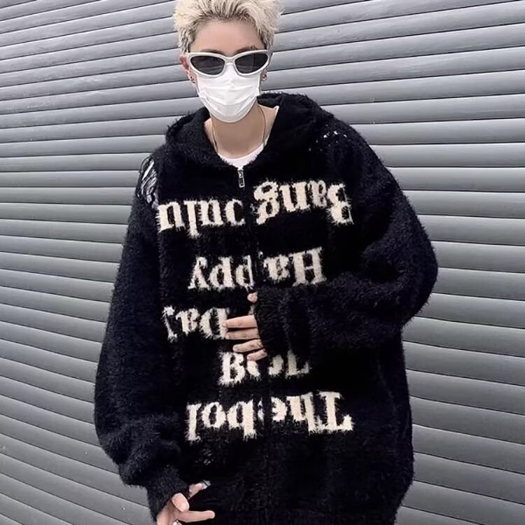 American Style Designer Sweater Lazy Ripped Hooded Knitted Cardigan Sweater Unisex High Street Loose Couple Zipper Fuzzy Coat