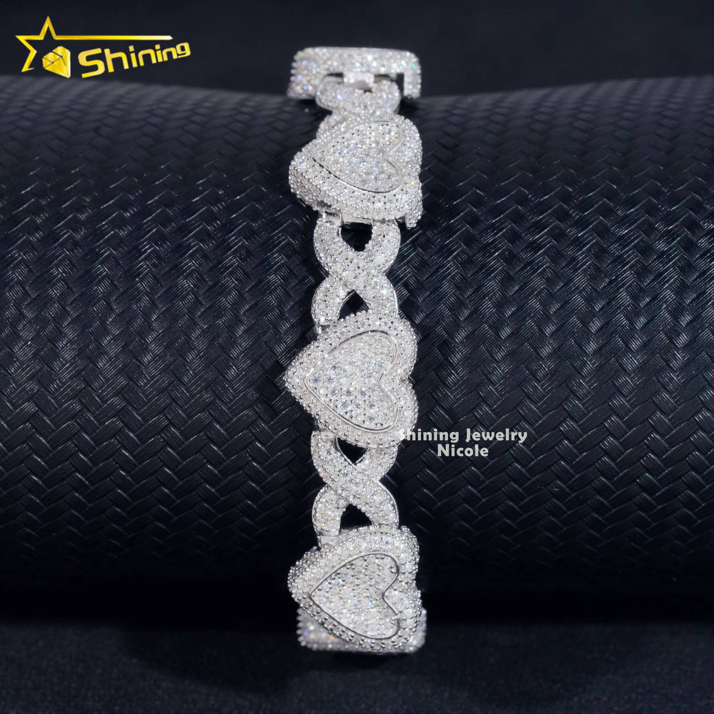 GRA Certificate Men Women Iced Out Hip Hop 925 Silver Heart Moissanite Infinity Cuban Link Bracelet