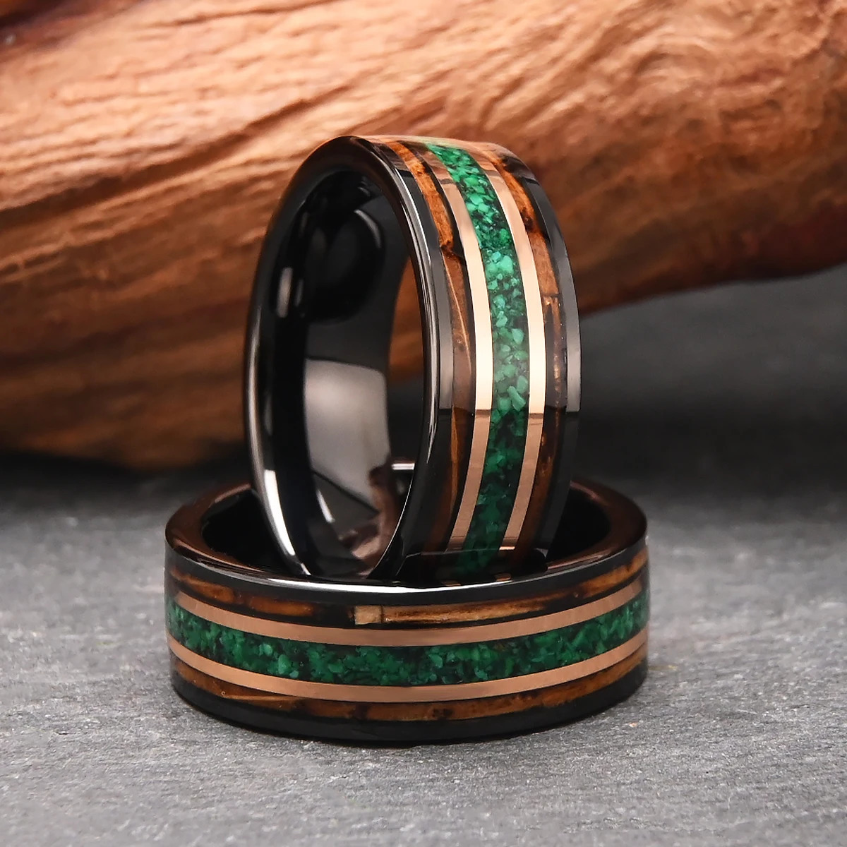 8mm Mens Tungsten Carbide Ring Inlaid Whiskey Barrel Wood and Green Opal Beautiful Wedding Ring Gift for Loved Ones 251023