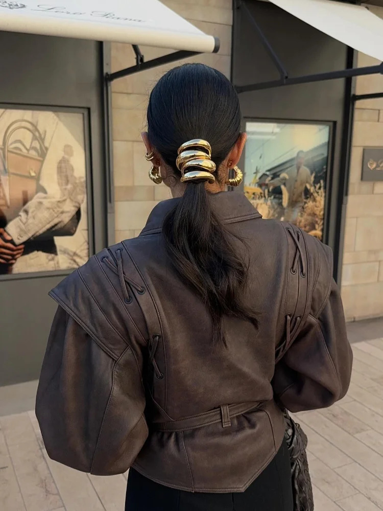 Women Leather Bomber Jackets Coats With Belt Notched Shoulder Pads Motorcycle Street Chic Short Outwear Fashion Solid Lace Up 251023