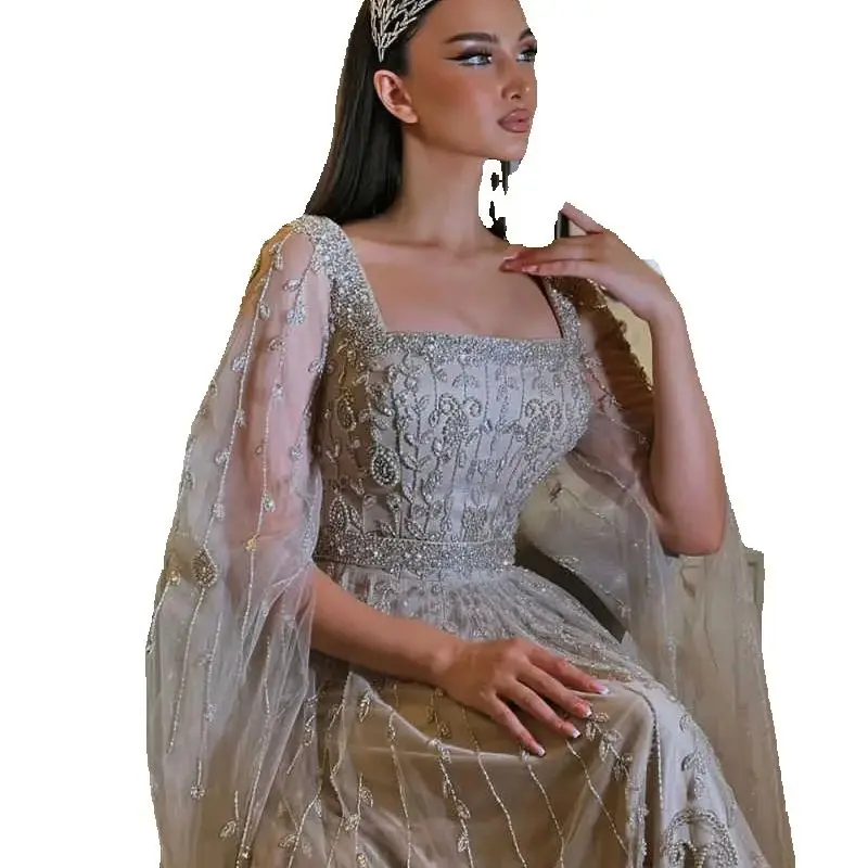 Modern A-Line Evening Dress Shawl Sleeve Prom Gowns Boat Neck Beads 3D-Lace Sexy Prom Dress vestidos de novia Size Customized Robes De Mariee L252815