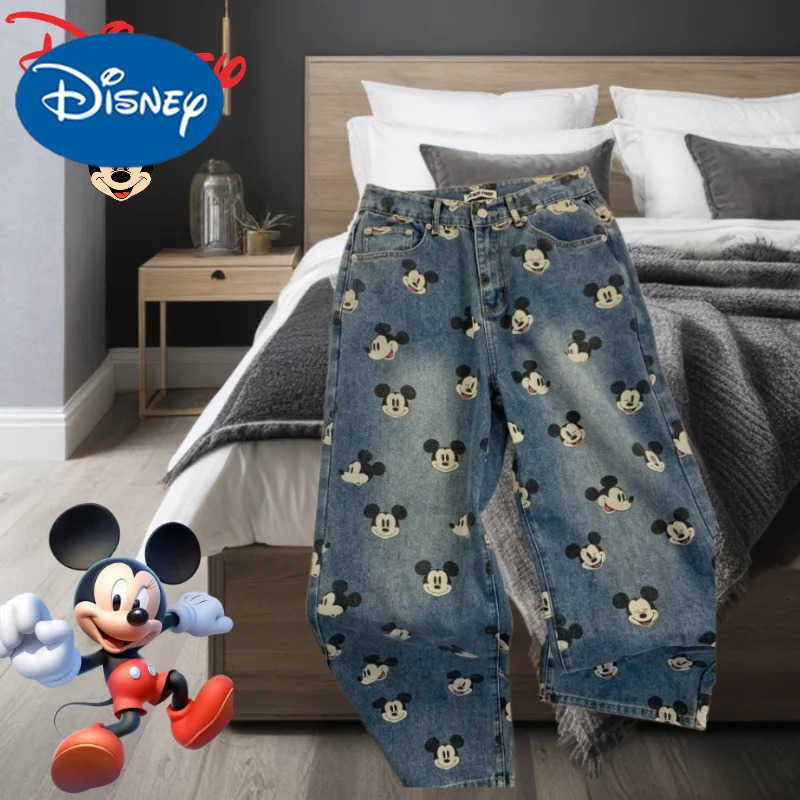 Disney Personality Mickey Womens New Cute Cartoon Print Pattern Fashionable and Versatile Casual Comfortable High Waist Jeans H251027
